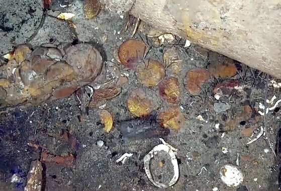 콜롬비아 앞바다에서 발견된 스페인 보물선 산호세호 주변에 널린 금화들. AFP 연합뉴스
