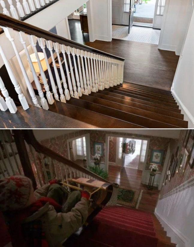 영화 ‘나홀로 집에’에서 케빈의 집으로 나왔던 주택 내부 현재 모습(위)과 영화 ‘나 홀로 집에’ 속 장면. 질로우·20세기폭스