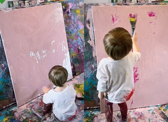 2살인 로랑 슈바르츠가 자신의 작업실에서 그림을 그리고 있다. 로랑 슈바르츠 인스타그램
