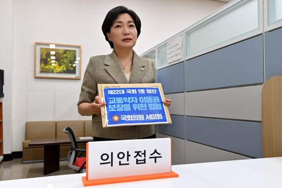 22대 국회 개원 첫날인 30일 오전 더불어민주당 서미화 당선인이 서울 여의도 국회 의안접수센터에서 ‘22대 국회 1호 법안’으로 ‘교통약자 이동권 보장을 위한 법률안(교통약자법 개정안)’을 접수하고 있다. 2024.5.30. 공동취재