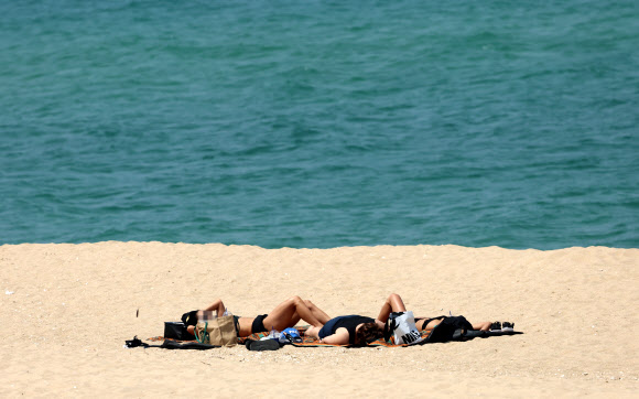 강원 강릉의 11일 낮 최고기온이 33도를 넘은 가운데 송정해변 백사장에서 피서객들이 일광욕을 즐기고 있다. 2024.6.11  연합뉴스