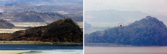 북한이 전방지역에 대남 방송용 확성기를 설치하고 있는 것으로 알려진 가운데 11일 경기도 파주시 오두산 통일전망대에서 바라 본 북한 황해북도 개풍군 임진강변 북측 초소 인근에 확성기로 추정되는 대형 시설물(오른쪽 사진 붉은원)이 보이고 있다. 왼쪽 사진은 지난 1월 같은 장소의 모습. 2024.6.11. 연합뉴스