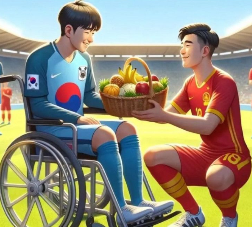 다리를 다쳐 휠체어에 앉아 있는 손흥민이 중국 선수에게 과일바구니를 받는 합성 사진. 온라인 커뮤니티 캡처