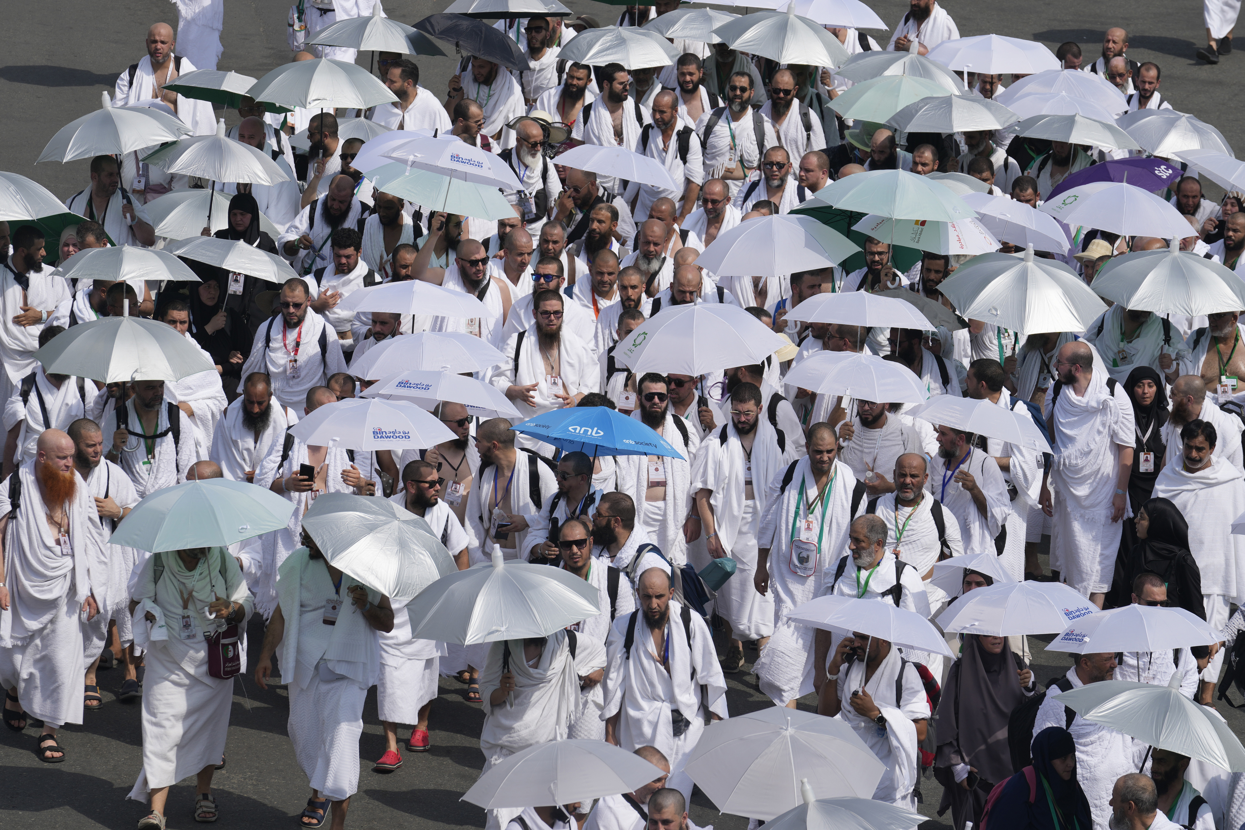 우산으로라도 폭염 막아보려는 하지 순례객들  이슬람 성지 메카에서 연례 하지 순례에 나선 순례객들이 45도를 웃도는 폭염을 가리기 위해 우산을 들고 있다. 메카(사우디아라비아) AP 뉴시스