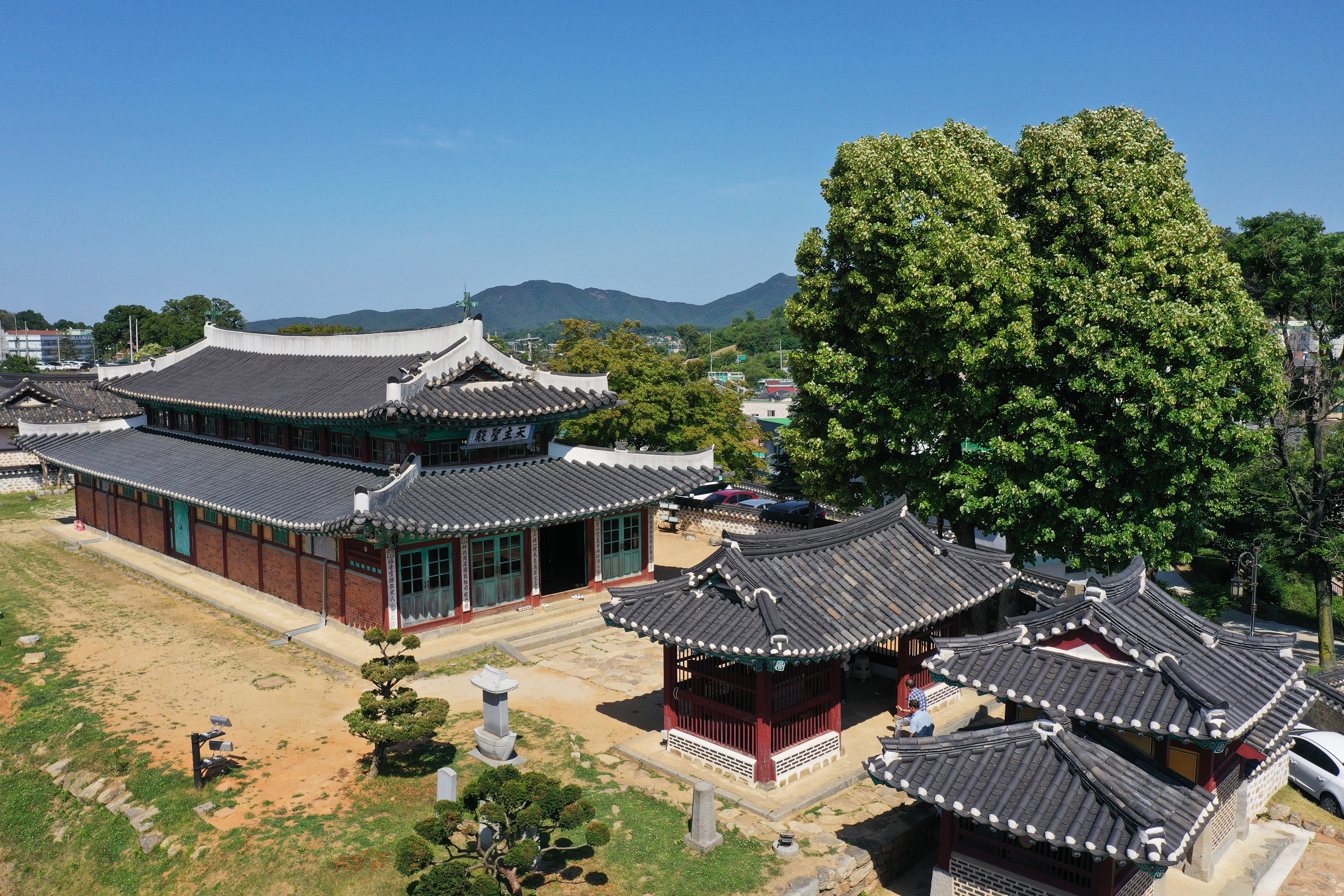 한옥 형태의 성당으로는 국내 가장 오래된 인천 강화성당 전경. 꼬박 124년을 넘겼다. 외부는 2층 구조지만 내부는 위아래가 트였다. 본당 오른쪽의 노거수가 인도에서 들여와 심었다는 보리수다.