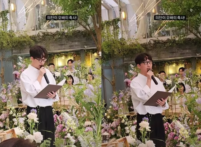 지난 6월 30일에 진행된 김성은의 결혼식에서 배우 김성민이 축사를 하고 있다. 두 사람은 SBS 시트콤 ‘순풍산부인과’에서 인연을 맺었다. 조수연 인스타그램 캡처