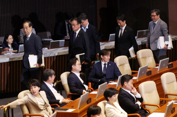 한덕수 국무총리 등 국무위원들이 3일 오후 국회 본회의에서 ‘채상병특검법안’ 무제한토론(필리버스터)으로 대정부질문이 파행을 겪자 본회의장을 나가고 있다. 2024.7.3  연합뉴스