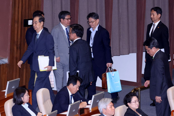 한덕수 국무총리와 최상목 경제부총리 겸 기획재정부 장관이 3일 오후 국회 본회의에서 ‘채상병특검법안’ 무제한토론(필리버스터)으로 대정부질문이 파행을 겪자 본회의장을 나가고 있다. 2024.7.3  연합뉴스