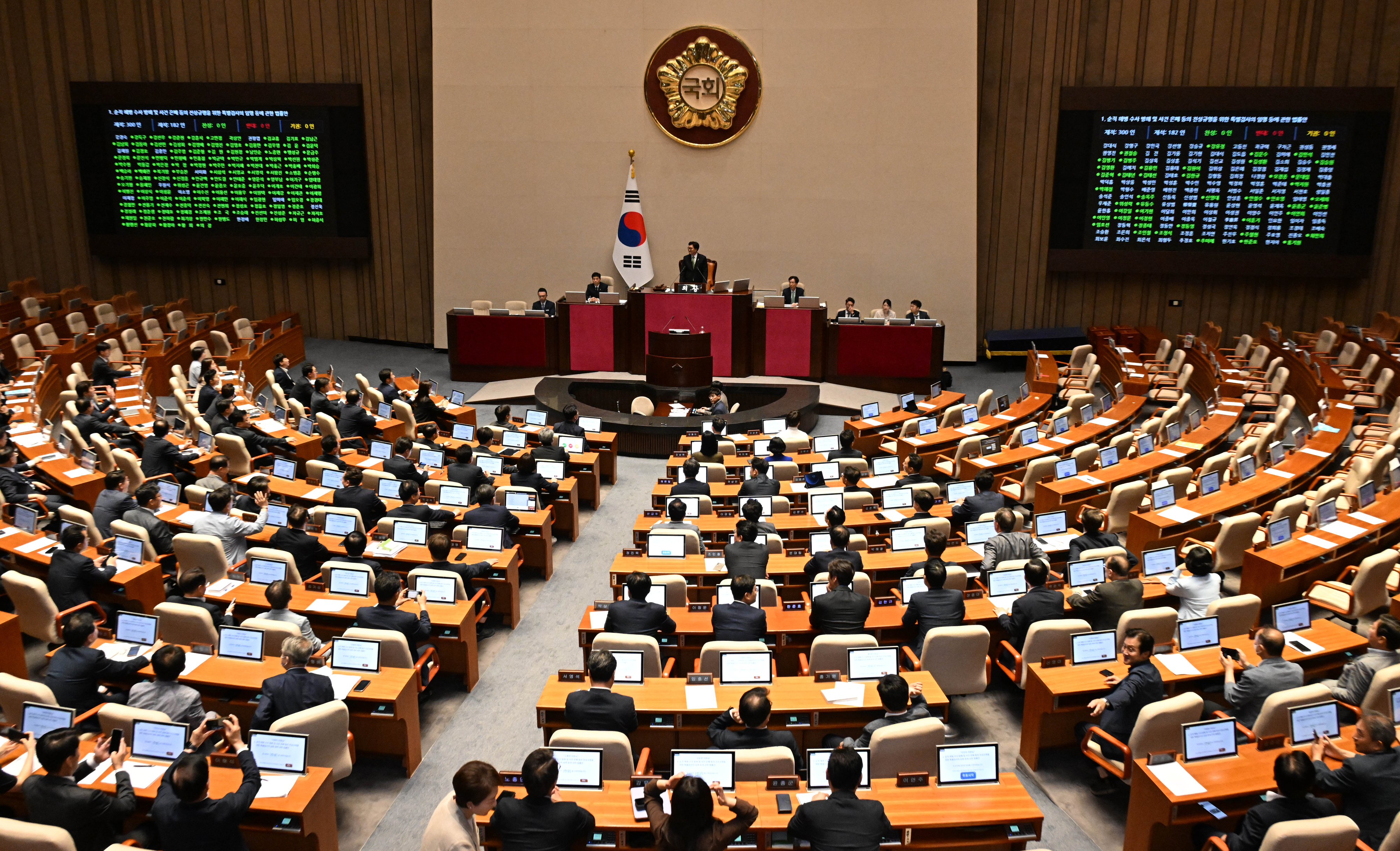 4일 서울 여의도 국회에서 열린 본회의에서 채상병 특검법(순직 해병 수사방해 및 은폐 등의 진상규명을 위한 특별검사의 임명 등에 관한 법률안)이 재적 300인, 재석 190인, 찬성 189인, 반대 1인, 기원 0인으로 통과되고 있다. 2024.7.4  홍윤기 기자