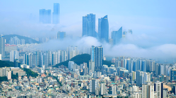 12일 오후 부산 해운대구 일대에 해무가 짙게 껴 있다. 2024.7.12. 연합뉴스