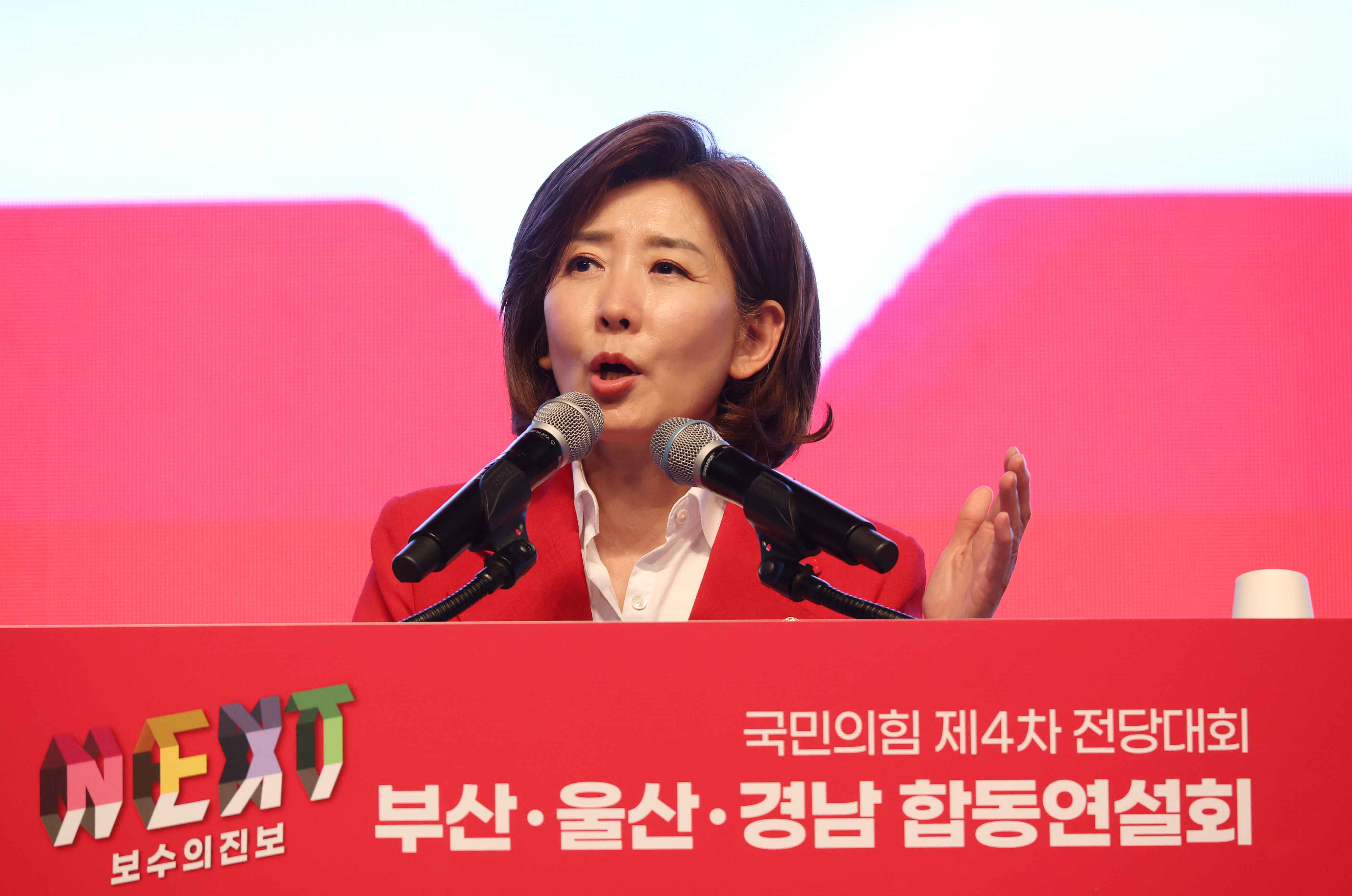 국민의힘 나경원 대표 후보가 10일 오후 부산 벡스코에서 열린 제4차 전당대회 부산, 울산, 경남 합동연설회에서 정견 발표하고 있다. 2024.7.10. 연합뉴스