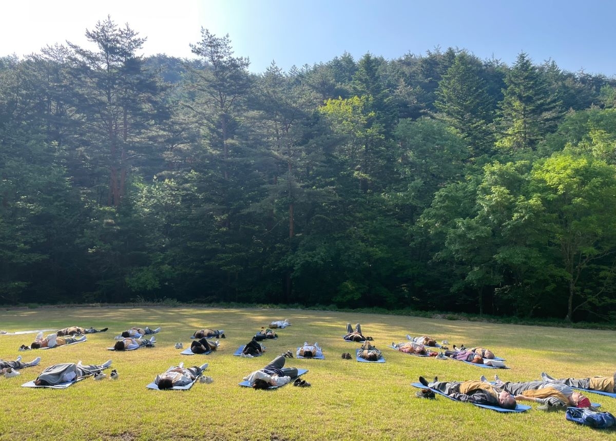 강원 진부 월정사의 숲 명상 프로그램 참가자들이 너른 숲 한가운데에 누워 명상을 즐기고 있다.  한국불교문화사업단 제공