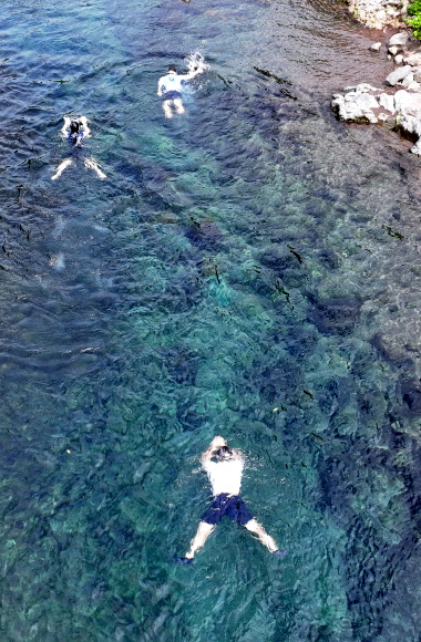 23일 오전 제주 서귀포시 강정동 강정천에서 피서객이 물놀이를 하고 있다. 2024.7.23  연합뉴스