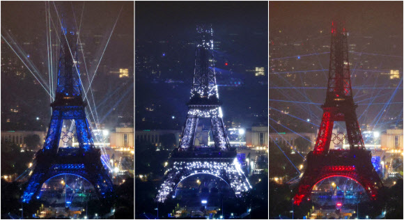 2024 파리올림픽 개막일인 26일(현지시간) 개회식이 열린 프랑스 파리 트로카데로 광장 행사장과 에펠탑 주위로 화려한 레이저쇼가 진행되고 있다. 2024.7.27  연합뉴스