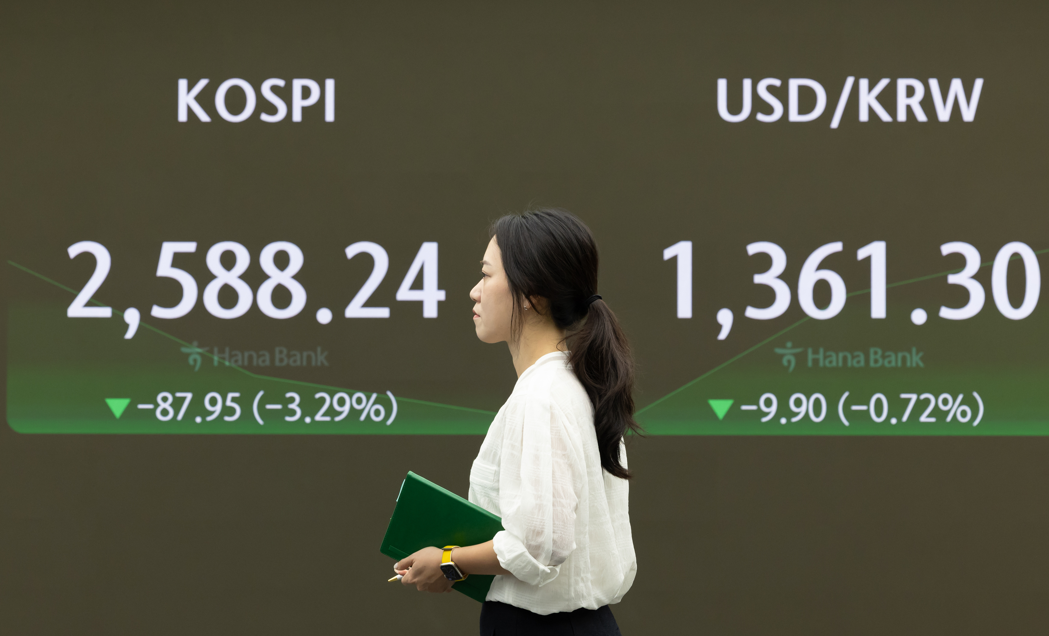 코스피가 미국 경기 침체 공포를 반영하면서 2거래일 연속 2% 넘게 하락 출발하며 2,600선 붕괴된 5일 서울 중구 하나은행 딜링룸에서 직원들이 업무를 보고 있다. 2024.8.5 연합뉴스