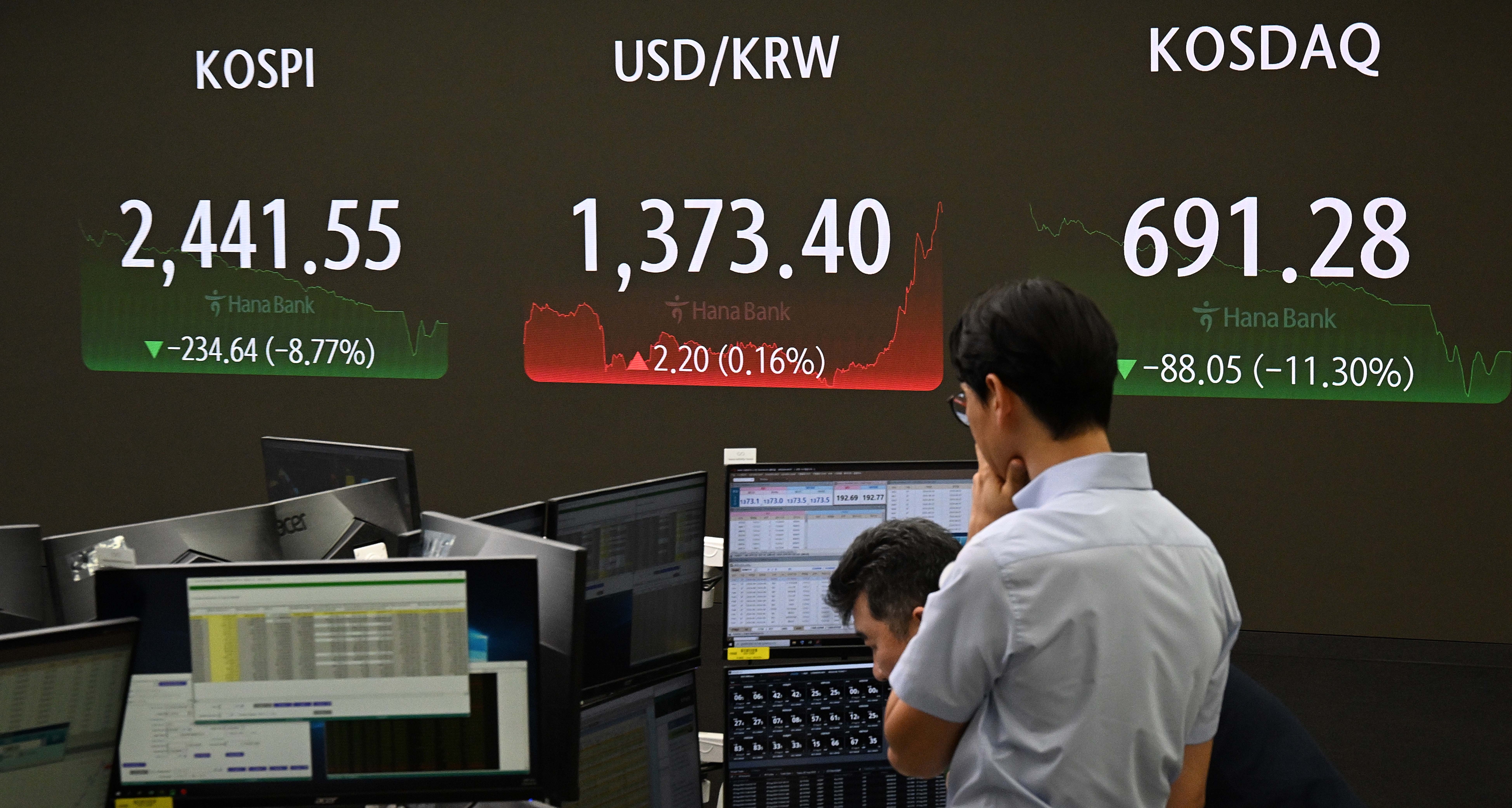 코스피가 5일 최대 하락폭(234.64포인트)을 기록하는 등 아시아 주요 증시가 폭락했다. 사진은 서울 중구 하나은행 본점 딜링룸 현황판.