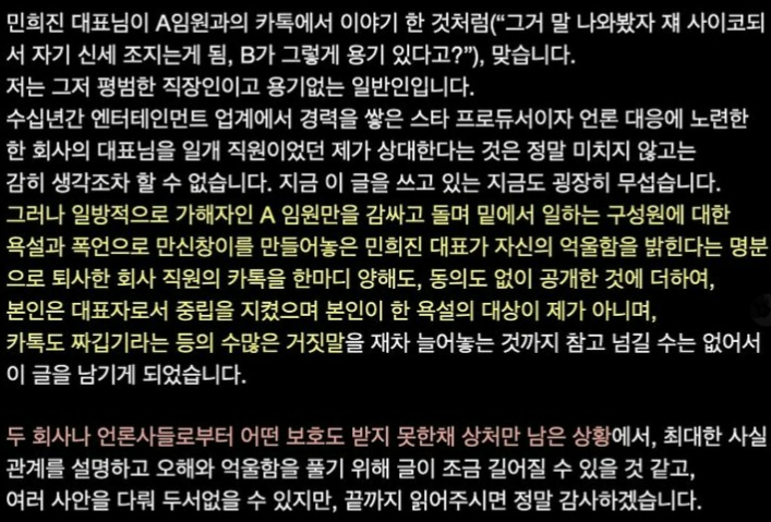 자신을 어도어 사내 성희롱 피해자라고 밝힌 B씨가 올린 장문의 반박문. 인스타그램 캡처