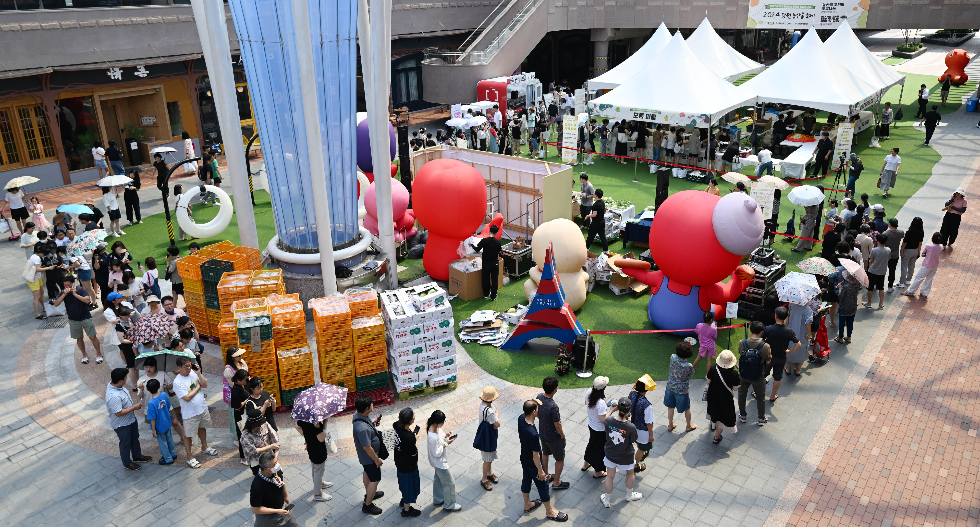 14일 경기 수원시 광교 아브뉴프랑 피크닉파크에서 열린 ‘2024 강원 농산물 축제’에 폭염 속에서도 많은 시민이 줄을 서 축제 프로그램의 하나인 강원지역 농산물 나눔 행사에 참여하는 모습. 홍윤기 기자