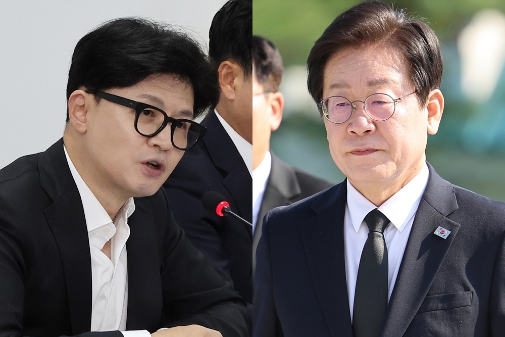 19일 국민의힘 최고위원회의에서 발언하는 한동훈 대표와 현충원 참배 중인 이재명 더불어민주당 대표.  연합뉴스