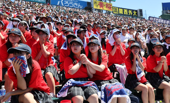 23일 일본 전국 고교야구선수권대회(고시엔) 결승전 교토국제고와 간토다이이치고의 결승전 경기가 열린 일본 효고현 니시노미야 한신 고시엔구장에서 교토국제고 재학생들이 경기를 지켜보고 있다. 2024.8.23. 연합뉴스