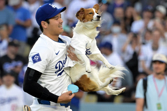 Aug 28, 2024; Los Angeles, California, USA;  Los Angeles Dodgers designated hitter Shohei Ohtani (17) carries his dog Decoy after he delivered the first pitch before the game against the Baltimore Orioles at Dodger Stadium. USA TODAY Sports 연합뉴스