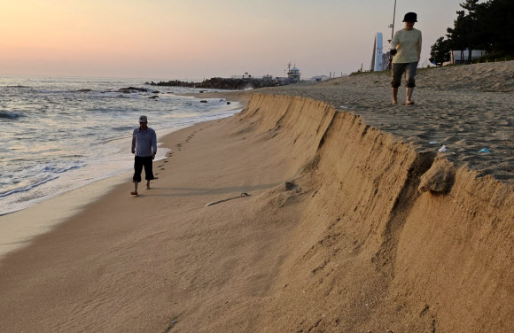 2일 강원 강릉시 경포해변 백사장이 최근 계속된 높은 파도로 크게 깎여 나가 절벽을 이루고 있다. 2024.9.2. 연합뉴스
