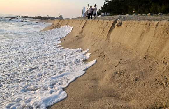 2일 강원 강릉시 경포해변 백사장이 최근 계속된 높은 파도로 크게 깎여 나가 절벽을 이루고 있다. 2024.9.2. 연합뉴스