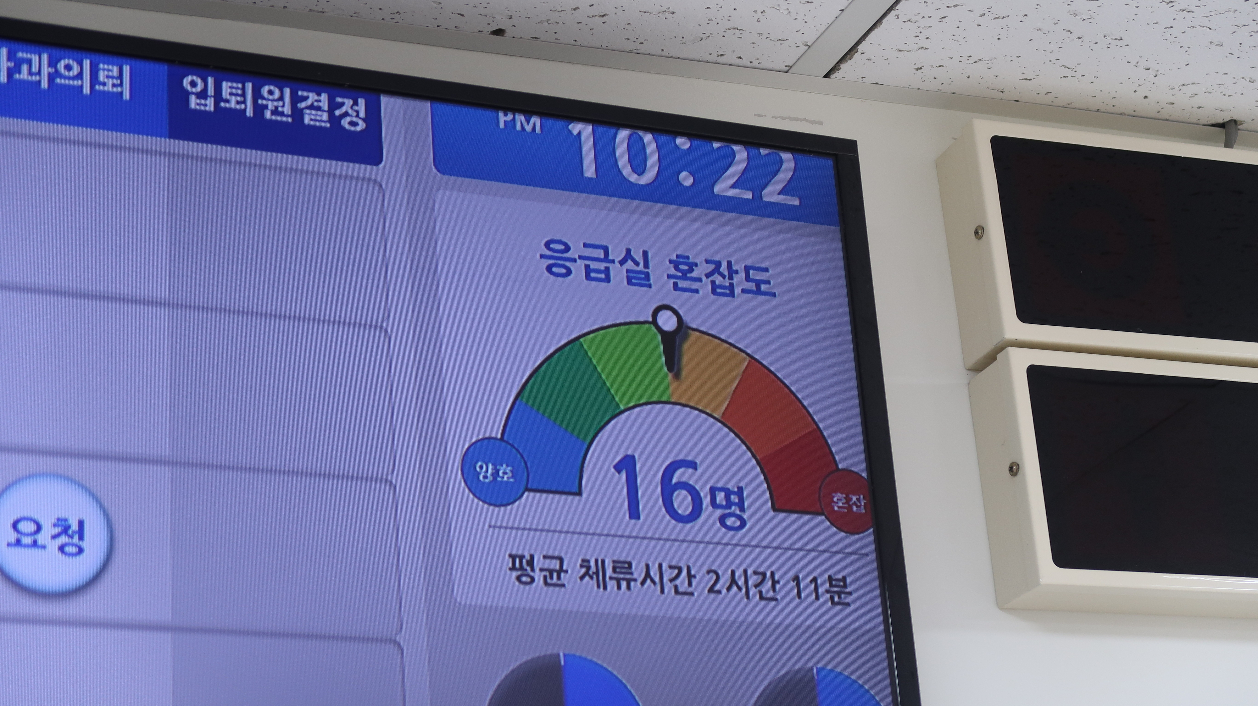 3일 오후 서울 성동구 한양대병원 권역응급의료센터 안내판에 환자 1인당 평균 체류시간이 2시간 11분으로 표시돼 있다. 위중한 환자들이 몰린 데다 의료대란 이전 5~6명의 의사가 하던 일을 2명이 도맡고 있기 때문이다. 한지은 기자