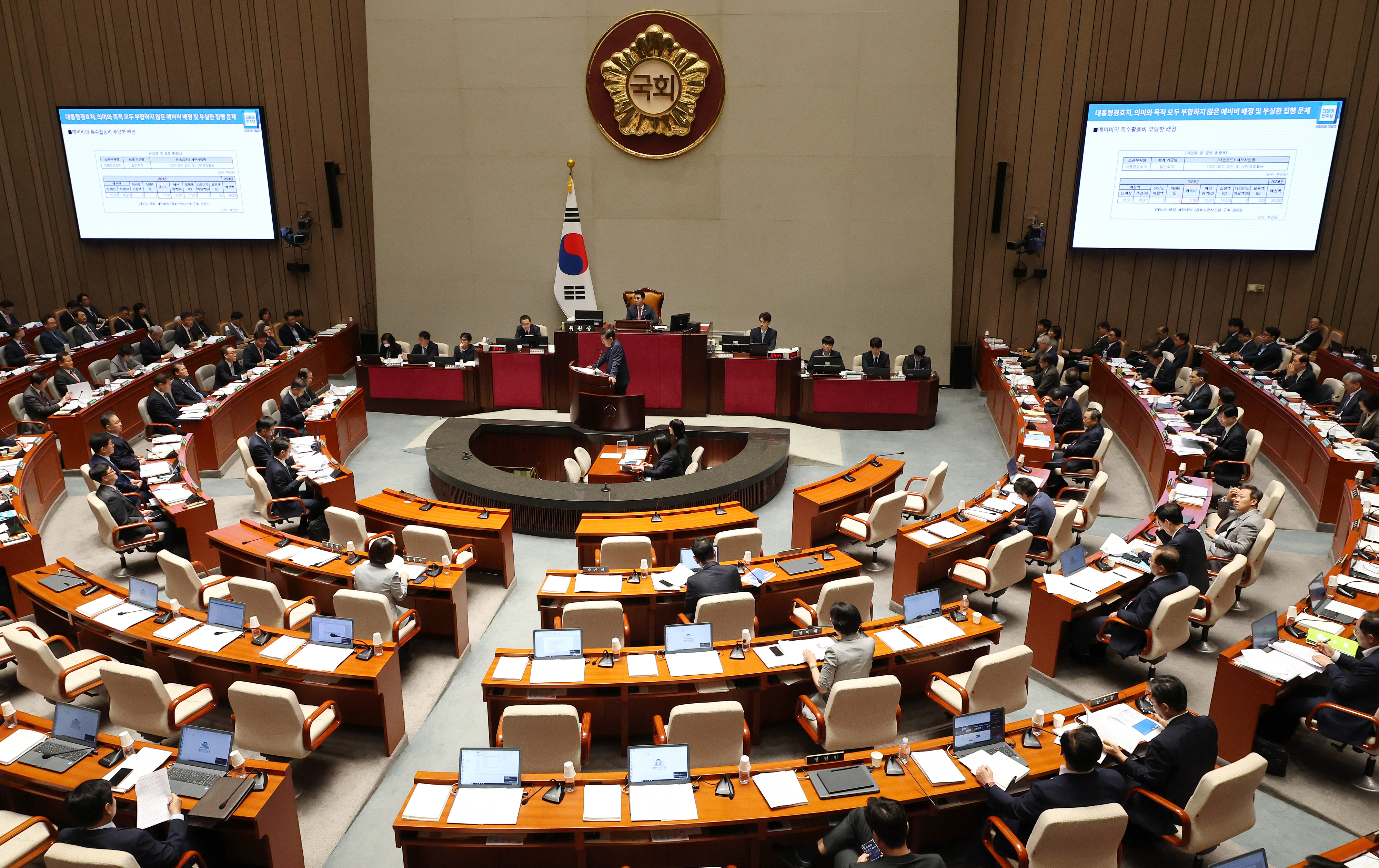 한덕수 국무총리와 국무위원들이 3일 국회에서 열린 예산결산특별위원회 전체회의에 참석해 의원들의 질의를 경청하고 있다. 2024.9.3 연합뉴스