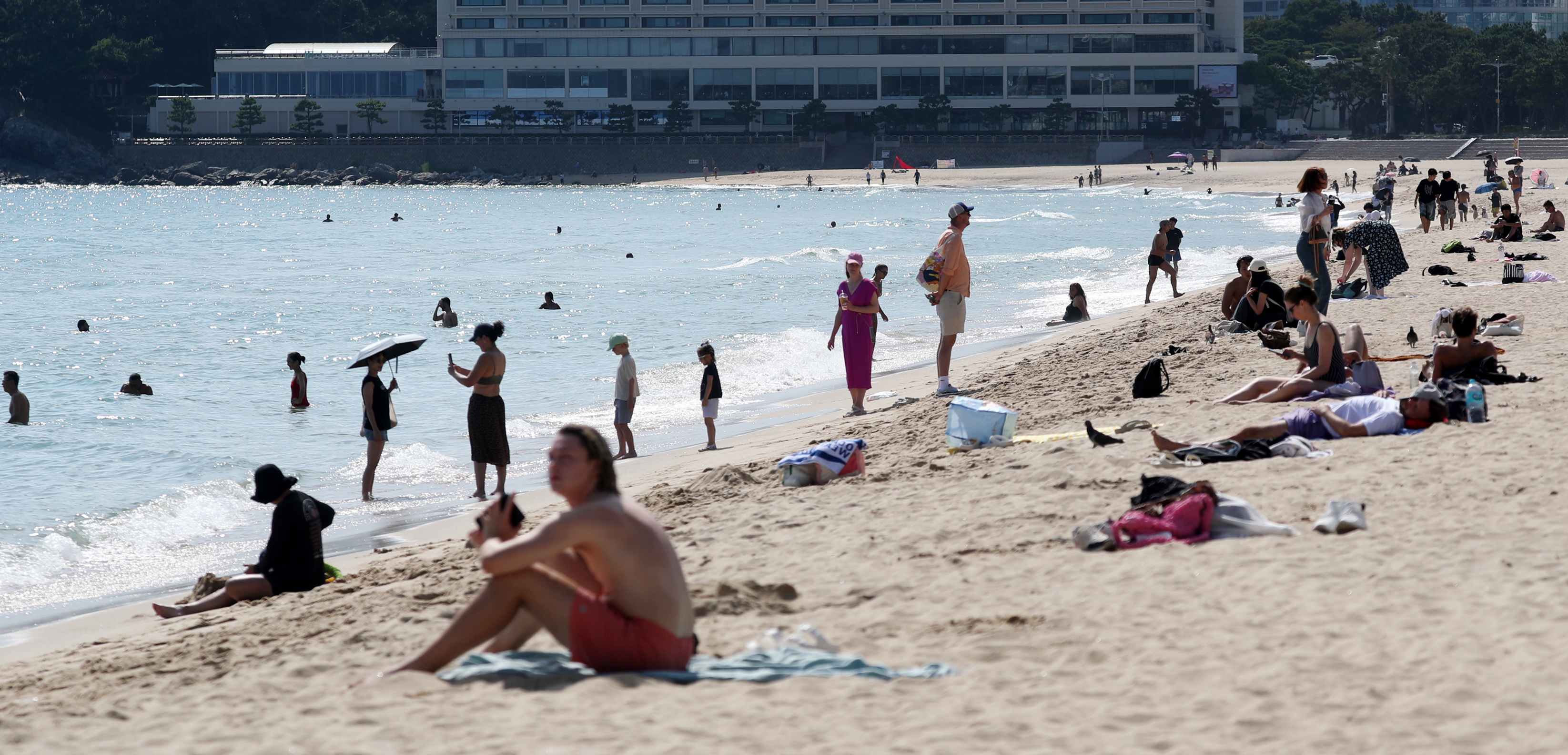 가을 늦더위가 기승을 부린 9일 오후 부산 해운대해수욕장을 찾은 관광객, 외국인 등이 물놀이를 하며 더위를 식히고 있다. 2024.9.9. 뉴스1