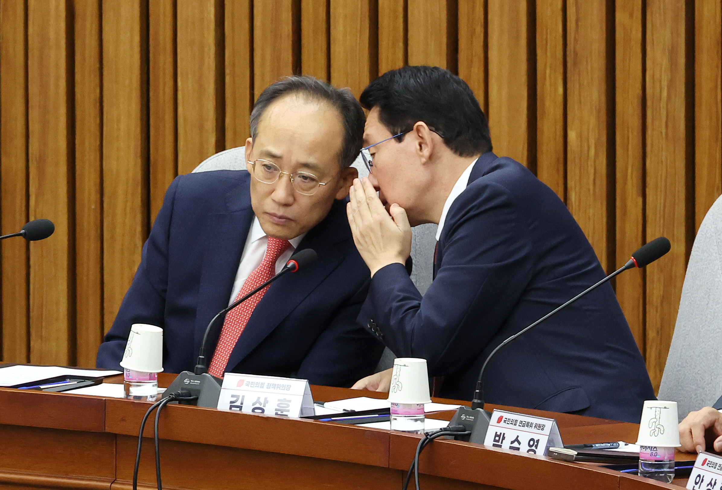 추경호 국민의힘 원내대표(왼쪽)와 김상훈 정책위의장이 지난 12일 오전 국회에서 열린 국민의힘 금개혁특별위원회 주최 연금개혁 정책간담회에 참석해 대화하고 있다. 연합뉴스