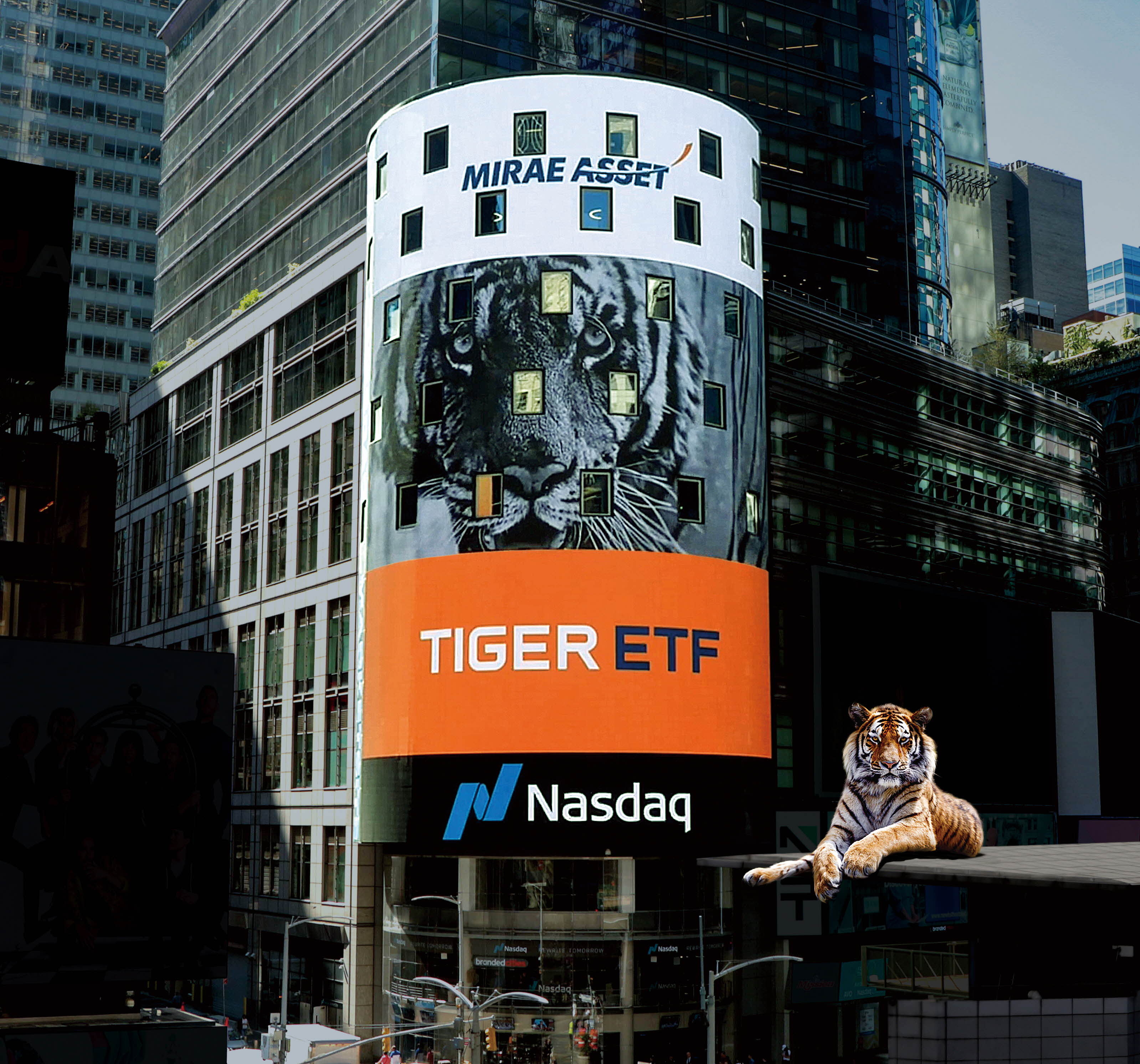 미국 뉴욕 나스닥 타워에 홍보 중인 ‘TIGER ETF’. 미래에셋자산운용 제공