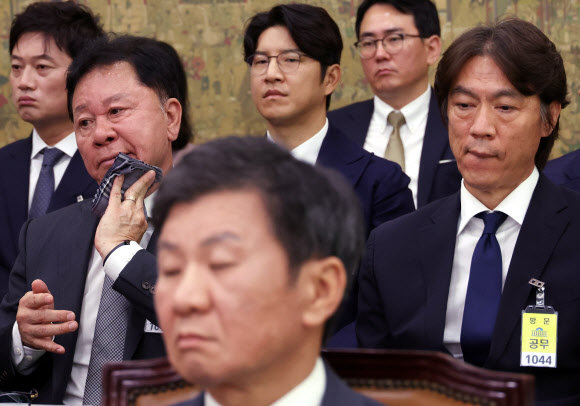 정몽규 대한축구협회장(앞)과 축구 국가대표팀 홍명보 감독, 정해성 전 협회 전력강화위원장이 24일 국회에서 열린 문화체육관광위원회 전체회의에 나란히 앉아 있다. 2024.9.24  연합뉴스