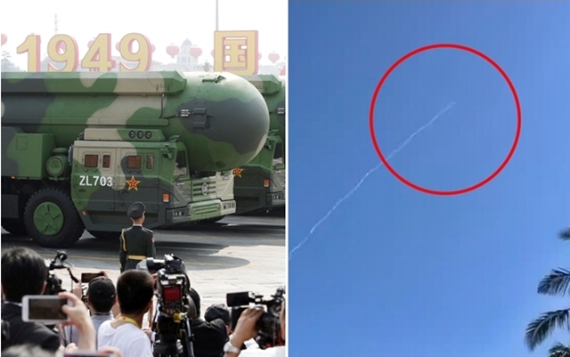 중국 인민해방군 로켓군이 25일 대륙간탄도미사일(ICBM)을 태평양 해역으로 시험발사 하는 데 성공했다고 중국 관영 신화통신이 보도했다. 중국의 우주 관련 업체 중국우주개발(CNSpace)은 중국 로켓군이 하이난에서 남태평양을 향해 ICBM을 발사했다며 관련 동영상(사진 오른쪽)을 공유하기도 했다. 왼쪽은 2019년 10월 1일 중국 베이징에서 열린 건국 70주년 기념 열병식에서 미국 본토에 도달할 수 있는 다탄두형 ICBM 둥펑-41(DF-41)를 실은 군용 차량이 천안문 광장을 지나는 모습. 2024.9.25 CNSpace/로이터 연합뉴스 자료사진