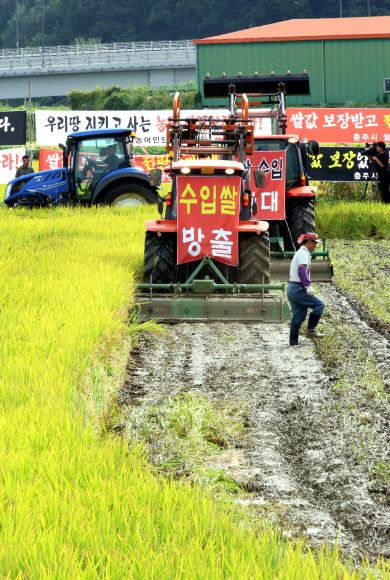 25일 충북 충주시 주덕읍 화곡리에서 농민들이 정부에 쌀 가격 보장을 촉구하며 논을 갈아엎는 시위를 벌이고 있다. 2024.9.25  연합뉴스