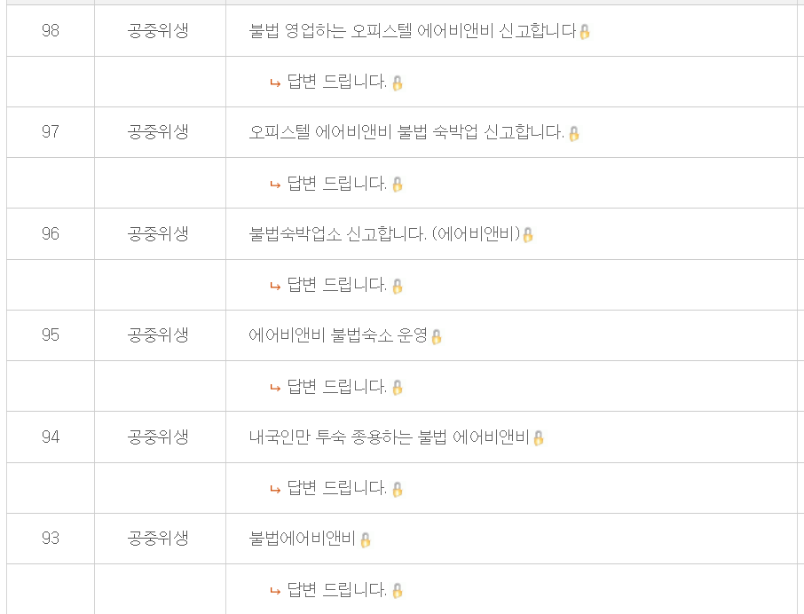 불법 에어비앤비 신고글. 서울시 민생침해범죄신고센터