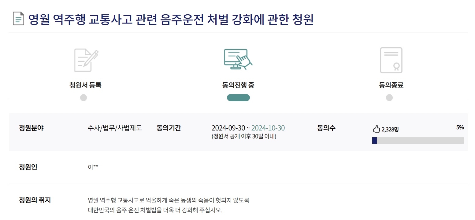 ‘영월 만취 역주행’ 사고로 숨진 피해자 A씨의 유족이 지난달 30일 국회전자청원을 통해 “음주운전 처벌을 강화해달라”는 청원을 올렸다. 국회전자정원 홈페이지