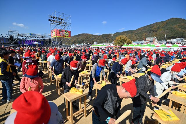 경북 청송사과축제 참가자들이 사과 방망이 체험 프로그램에 참여하고 있다. 청송군 제공