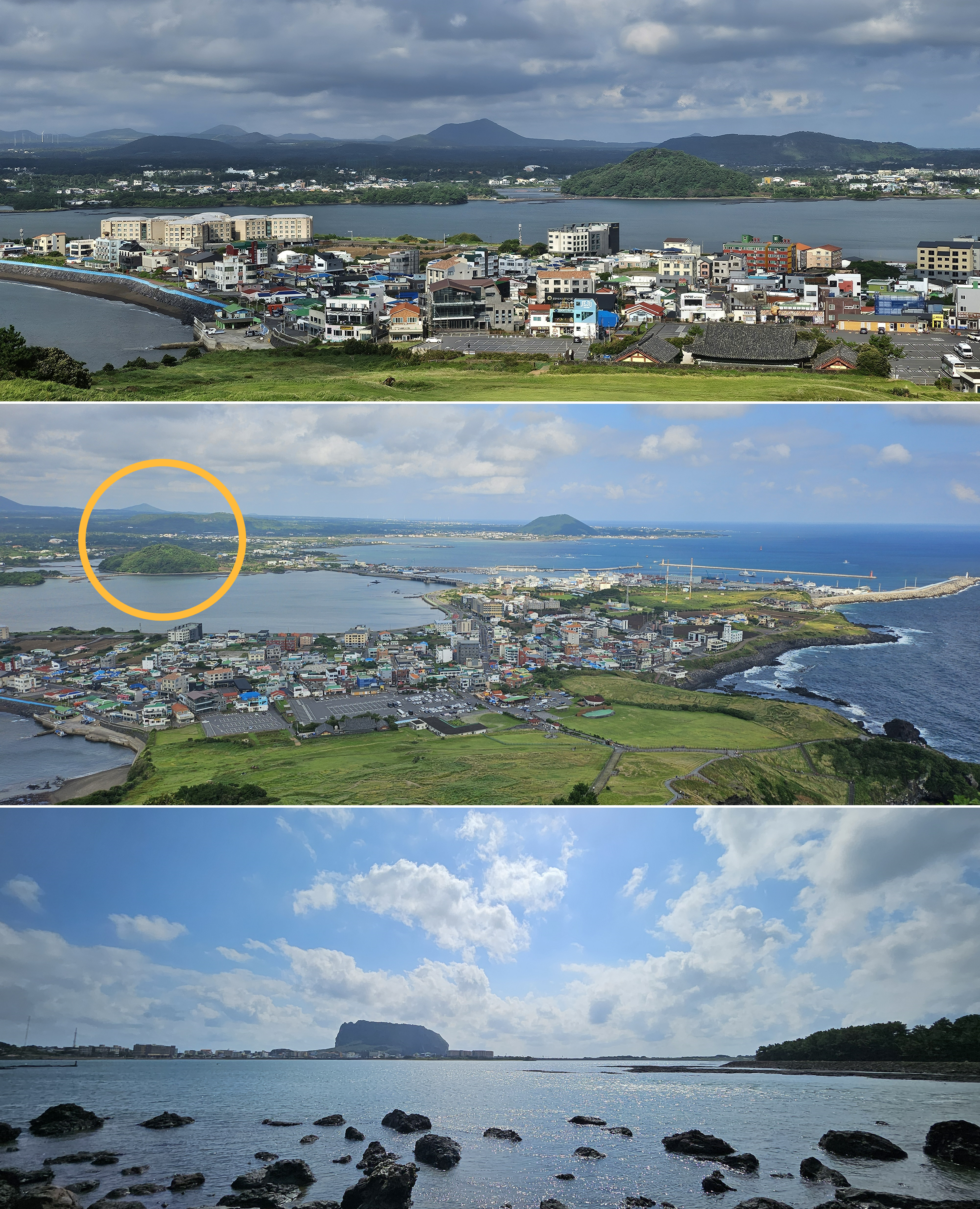 성산일출봉에서 바라본 성산읍내(상)와 성산읍내와 오조리 식산봉(중), 갯벌서 바라본 성산일출봉(하). 제주 강동삼 기자