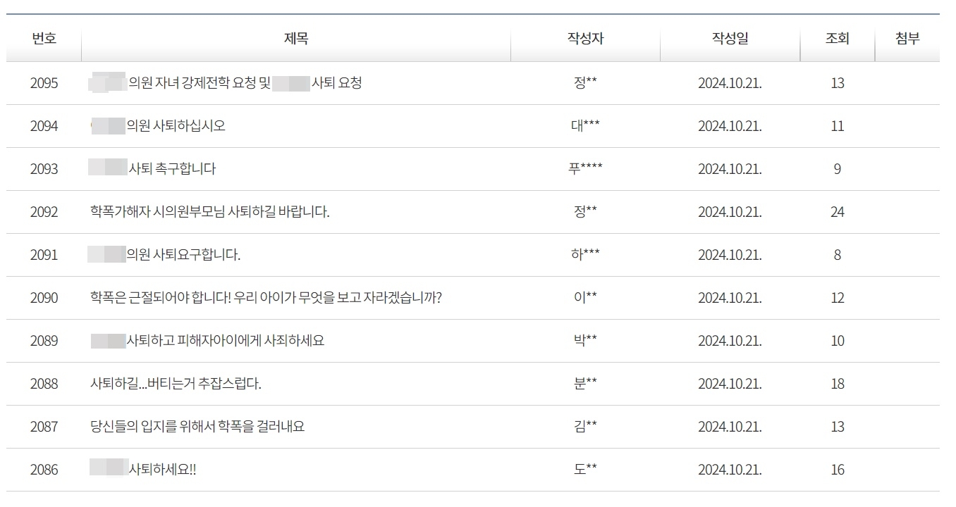 21일 경기 성남시의회 홈페이지 자유게시판에 A시의원의 사퇴를 촉구하는 글이 1000건 넘게 올라왔다. 자료 : 성남시의회 홈페이지