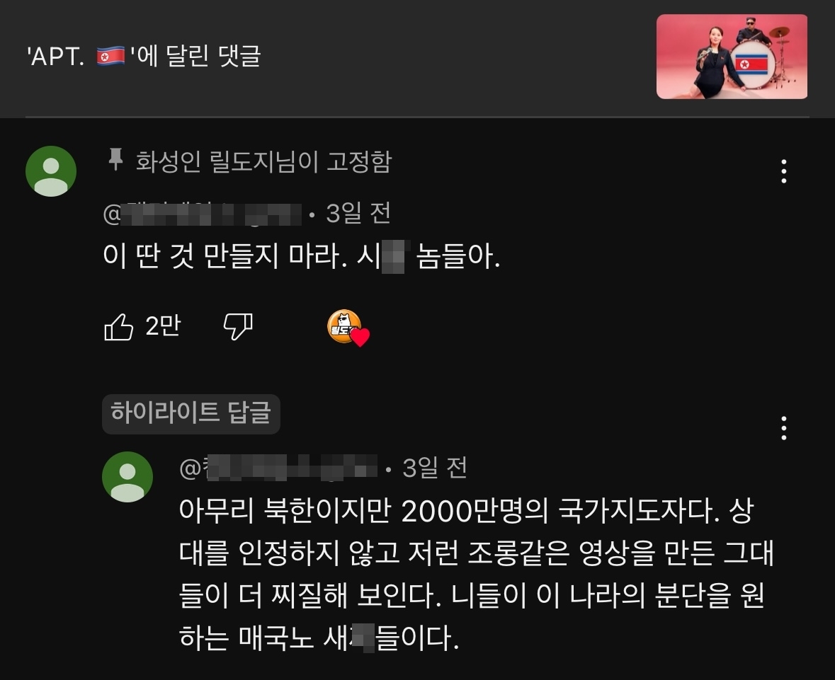 그룹 블랙핑크 멤버 로제와 미국 팝스타 브루노 마스가 부른 ‘아파트(APT.)’의 뮤직비디오를 북한 김정은 국무위원장과 김여정 노동당 부부장이 부르는 것처럼 패러디한 영상에 달린 상단 고정 댓글. 유튜브 채널 ‘화성인 릴도지’ 영상 캡처