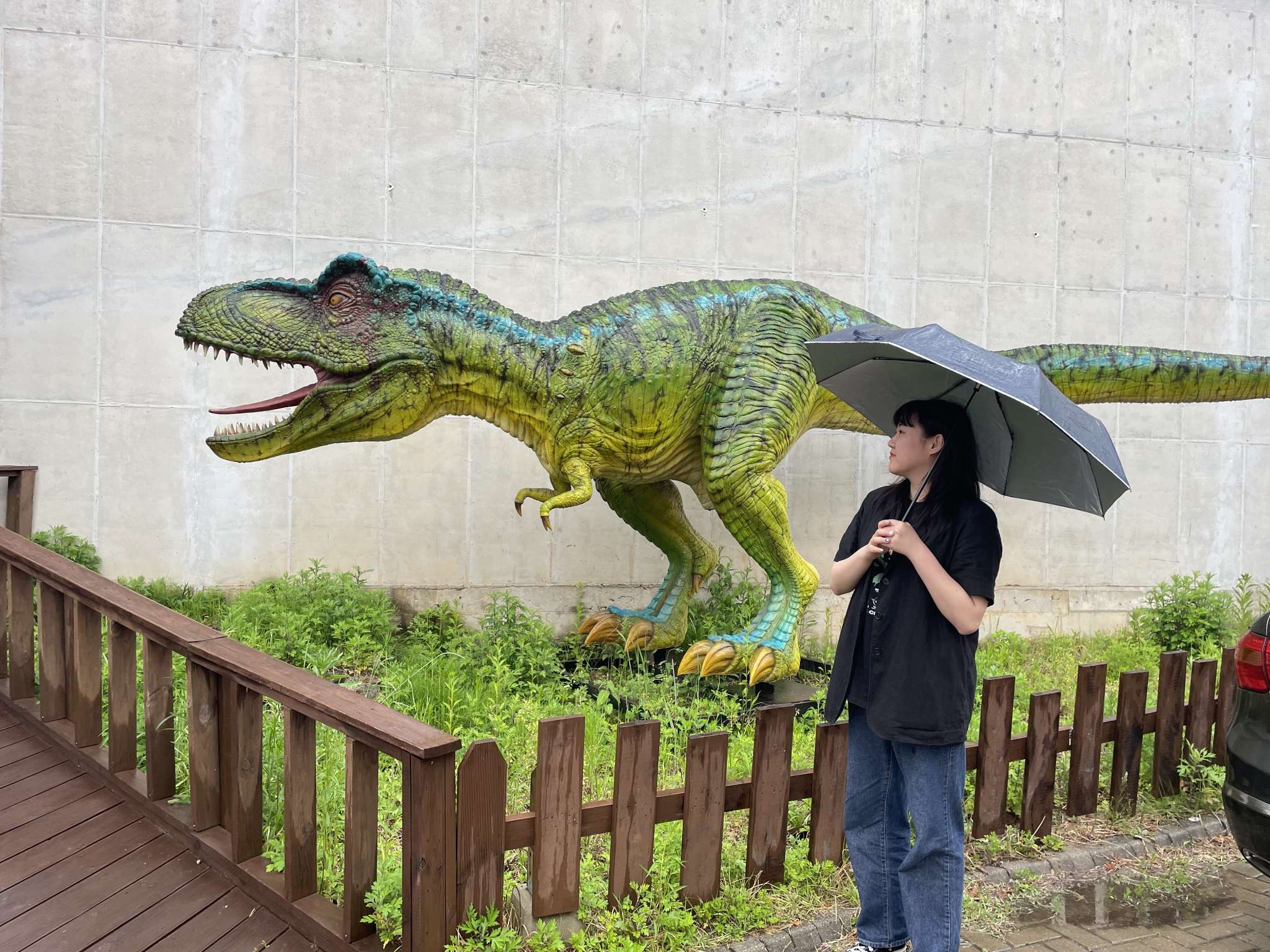 첫 시집 ‘사랑과 멸종을 바꿔 읽어보십시오’를 펴낸 유선혜 시인이 공룡 모형 앞에서 우산을 들고 서 있다. 시집에서 시인은 지구상에서 멸종한 공룡을 향한 독특한 감각을 펼쳐 보인다. 본인 제공