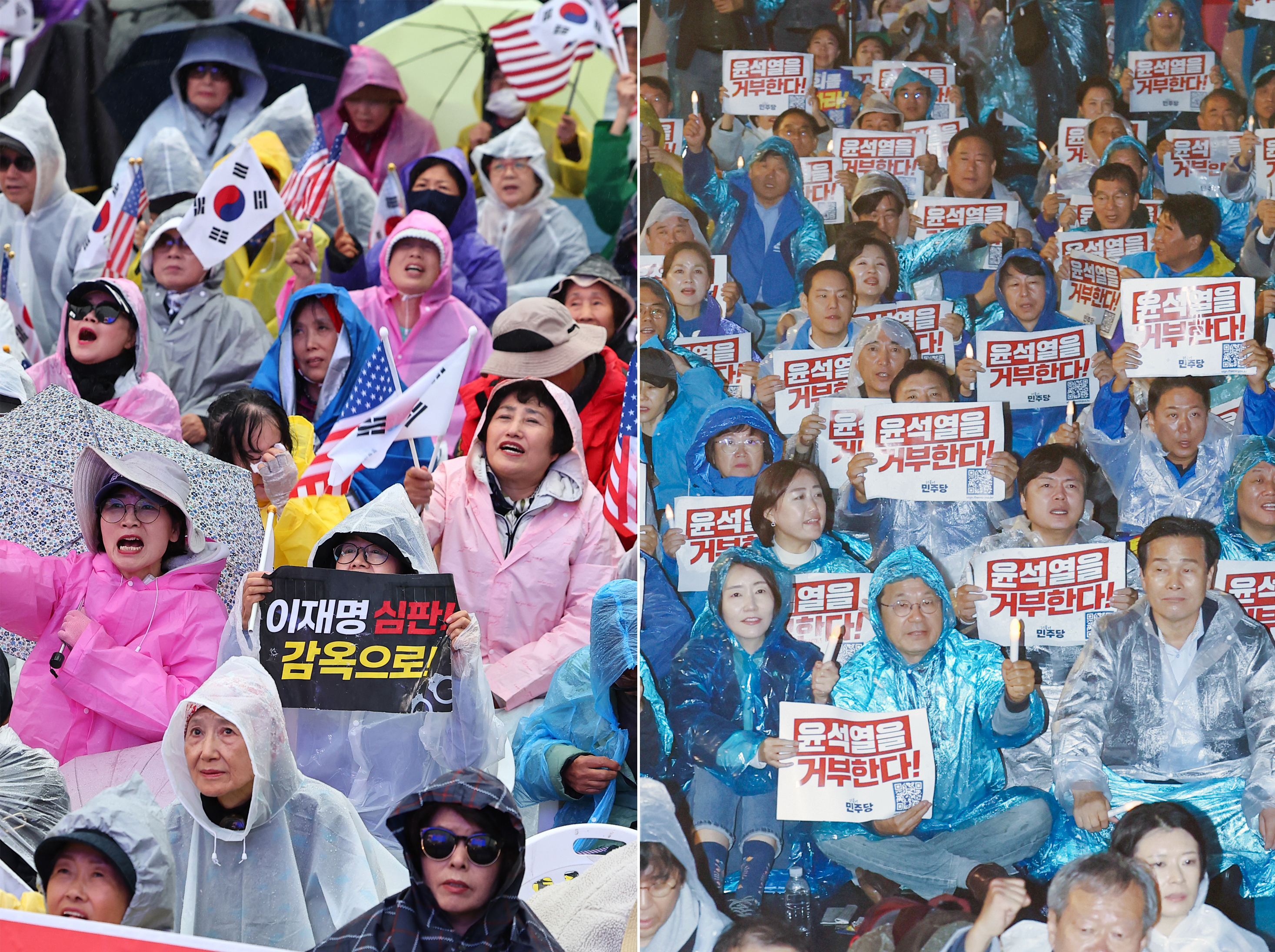 이재명 더불어민주당 대표의 공직선거법 위반 관련 1심 선고 이후 첫 주말인 지난 16일 전국안보시민단체연합 등 보수단체 회원들이 서울 세종대로에서 집회를 하고 있다(왼쪽 사진). 같은 날 오후 광화문 인근에서 열린 ‘김건희·윤석열 국정농단 규탄 및 특검 촉구 3차 집회’에서 참가자들이 구호를 외치고 있다. 2024.11.16 연합뉴스