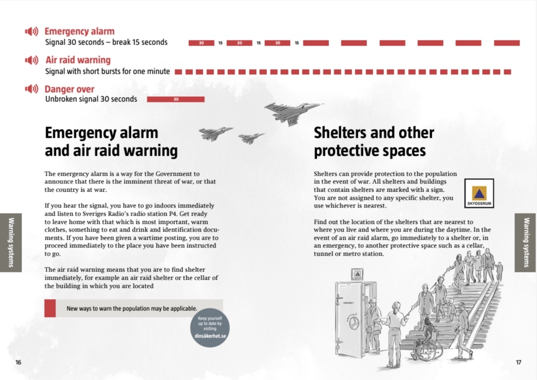 스웨덴 정부가 배포한 ‘위기나 전쟁이 닥친다면’ 책자에 소개된 공습 경보 사이렌. 자료 : 스웨덴 재난방재청(MSB)