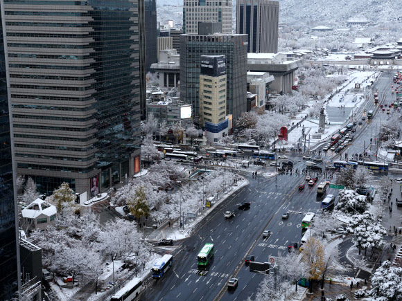 서울 등 중부 지역에 많은 눈이 내린 27일 오전 서울 광화문 일대가 하얗게 눈으로 덮여있다. 2024.11.27  연합뉴스