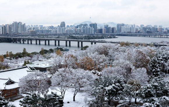 서울 전역에 대설주의보가 발효된 27일 오전 여의도 일대가 하얗게 변해있다. 2024.11.27  연합뉴스