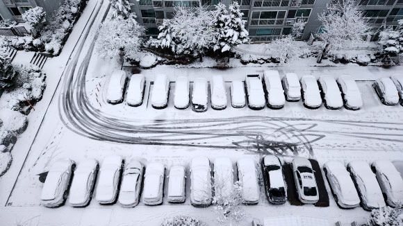 강원 대부분 지역에 대설특보가 내려진 27일 오전 춘천시 칠전동 한 아파트에 흰 눈으로 뒤덮여 있다. 2024.11.27  연합뉴스