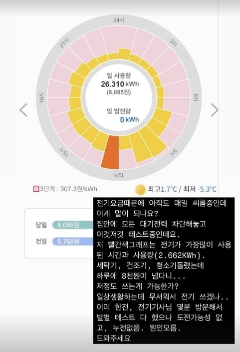 가수 겸 뮤지컬 배우 아이비가 공개한 하루 전기 사용량. 아이비 인스타그램 캡처