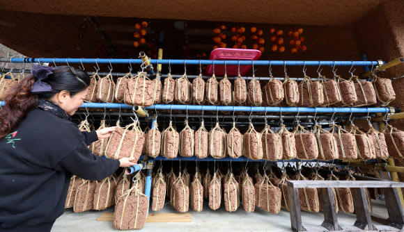 2일 대관령 기슭인 강원 강릉시 성산면 보광리의 한 전통 장 공장 처마에 메주가 주렁주렁 달려 있다. 2024.12.2  연합뉴스