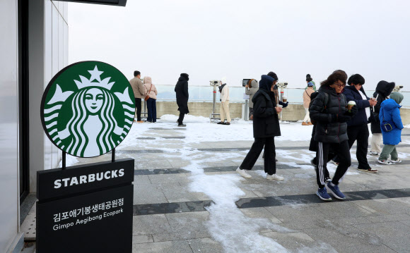 21일 오후 경기 김포시 애기봉 평화생태공원 조강전망대를 찾은 시민들이 스타벅스 김포애기봉 생태공원점 앞에서 북한 황해도 개풍군을 바라보고 있다. 이 스타벅스는 북한과 불과 1.4㎞ 떨어진 비무장지대(DMZ)인 애기봉에 지난달 29일 문을 열었다. 2024.12.21  연합뉴스
